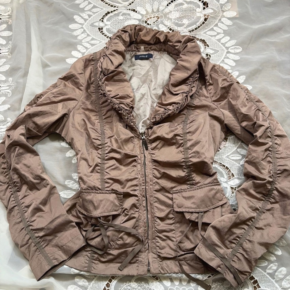 Y2K Subversive Grunge Runway Brown Ruched Ruffle Collar Zip Up Jacket